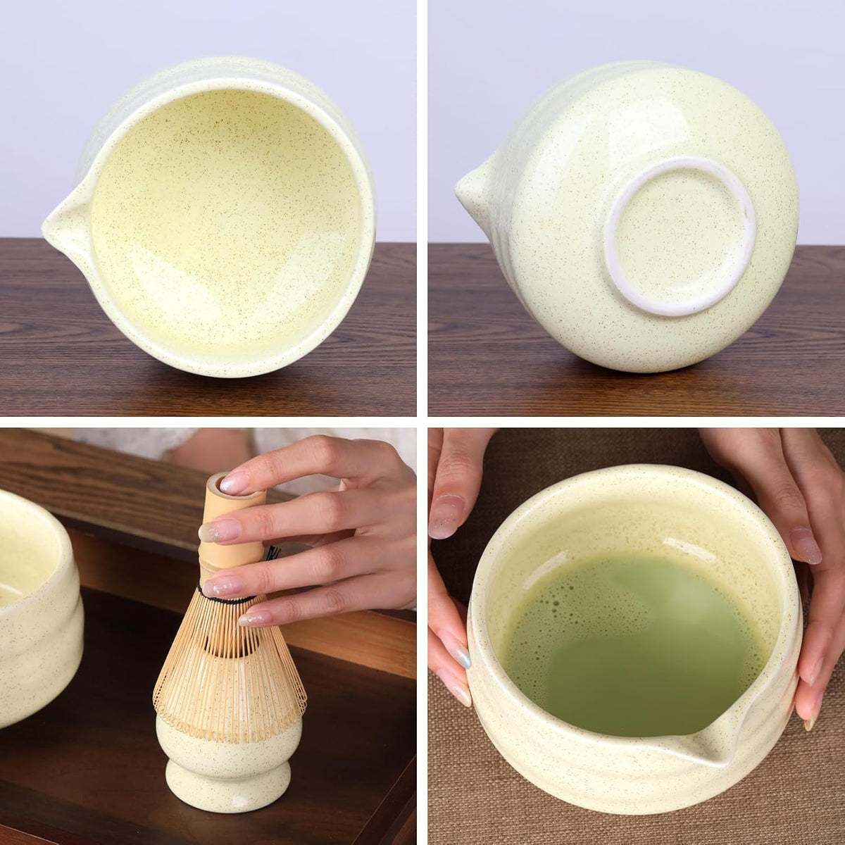 Japanese Ceramic Matcha Bowl - 16oz Speckle Glaze Chawan & Whisk Stand for Perfect Froth, Dishwasher Safe Yellow
