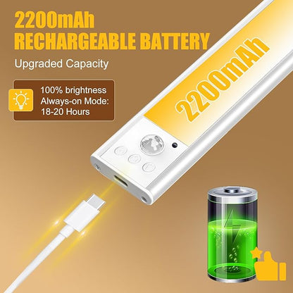 Under Cabinet Lighting 2 Pack, 50 LED USB Rechargeable Closet Lights of 11.81in, 2200mAh Battery Operated Motion Sensor Light Indoor, 50-150LM, 3 Color Temps Dimmable for Kitchen Stairs Wardrobe