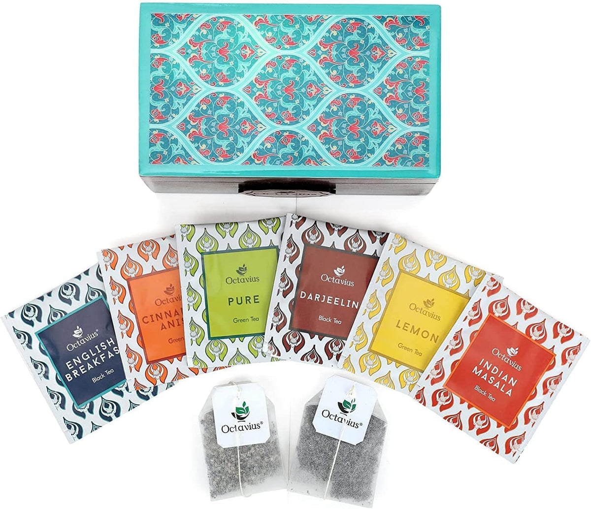 Octavius Assorted Tea Gift Set, 6 Assorted Black & Green Teas, 30 Teabags, Wooden Tea Sampler Pack w/Ornate Floral Design, Pack of 2
