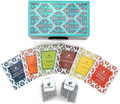 Octavius Assorted Tea Gift Set, 6 Assorted Black & Green Teas, 30 Teabags, Wooden Tea Sampler Pack w/Ornate Floral Design, Pack of 2