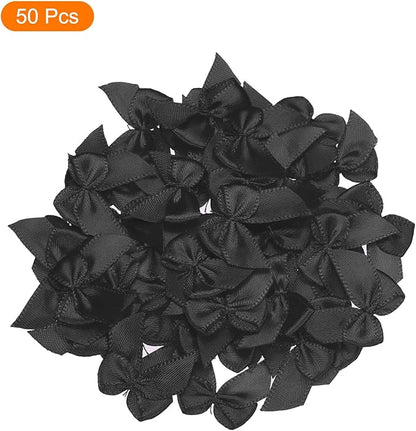 MECCANIXITY 50Pcs Mini Ribbon Bow 1" Mini Fabric Satin Ribbon Flower Bows for Craft DIY Sewing Wedding Birthday Party Black