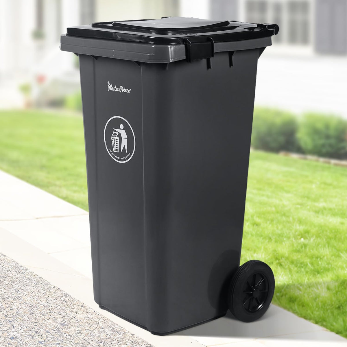 32 Gallon Trash Can with Wheels Outdoor Trash Can with Lid and Wheels Lockable Garbage Can Commercial Heavy-Duty Trash Bin Rolling, Plastic Gray
