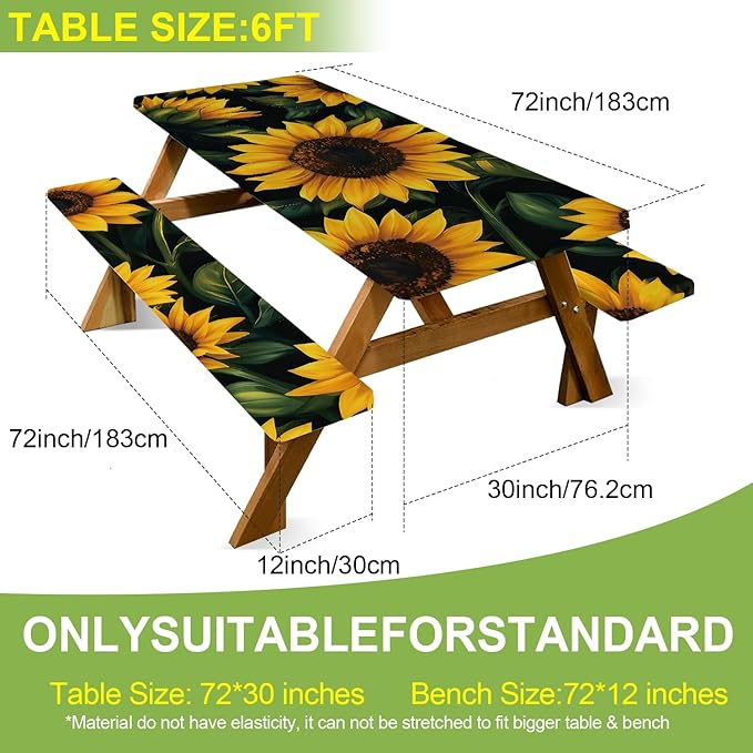ANNA QUEEN 6FT Sunflower Picnic Table Cover with Bench Covers Spring Picnic Table Cover Set 3PCS 72"x30", Outdoor Bench and Tablecloth Furniture Protection