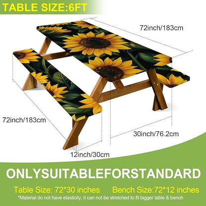 ANNA QUEEN 6FT Sunflower Picnic Table Cover with Bench Covers Spring Picnic Table Cover Set 3PCS 72"x30", Outdoor Bench and Tablecloth Furniture Protection