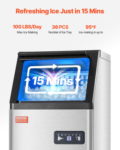 VEVOR Commercial Ice Maker Machine, 100lbs/24H Ice Maker Machine with 16lbs Storage Capacity, 36 Ice Cubes in 15 Minutes, LED Digital Display Freestanding Self-Cleaning for Bar Office Restaurant