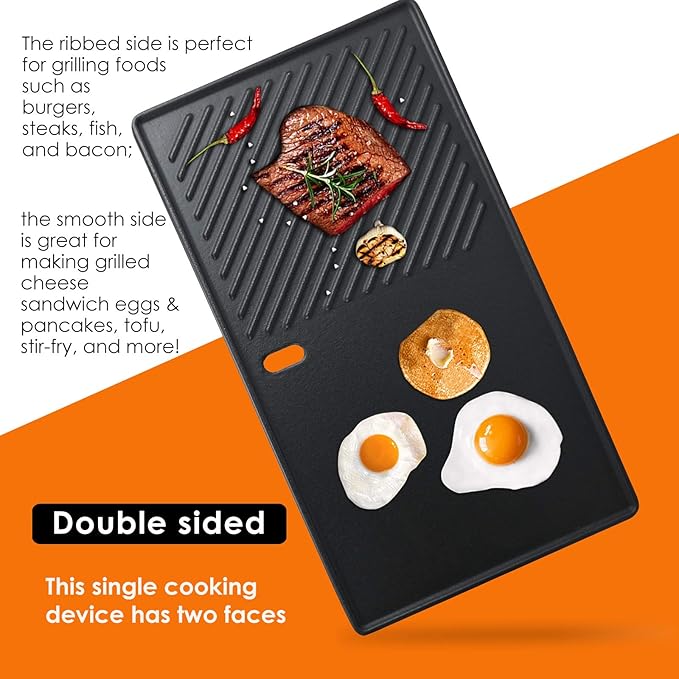 Uniflasy Cast Iron Reversible Grill Stove Top Griddle Pan 16 7/8" Skillet Flat Pan, Cast Iron Grill Griddle Plate for Charbroil 463420508 463420509 Gas Grills Replacement Parts, Cookware Accessories