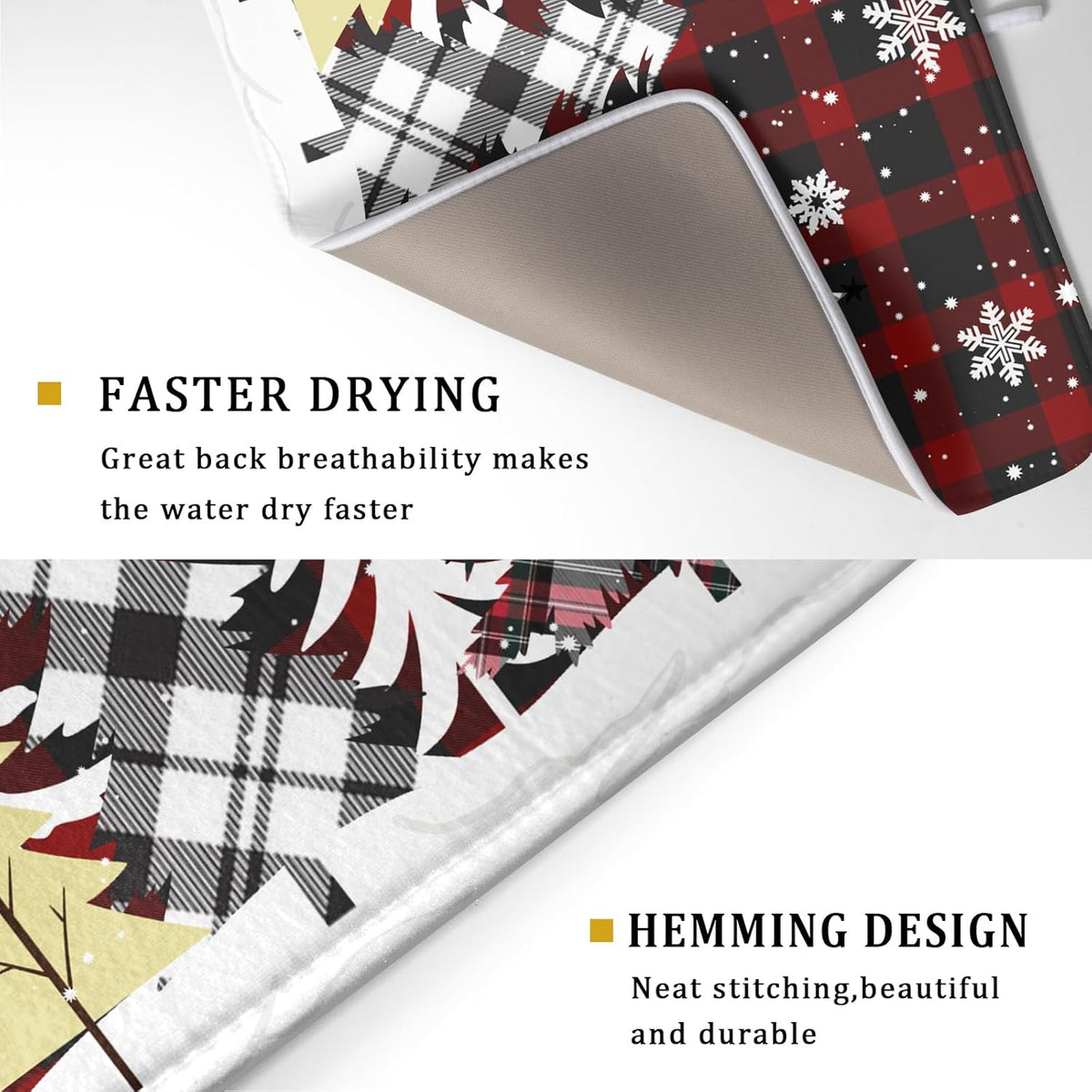 Christmas Dish Drying Mat for Kitchen Counter 16”x18” Christmas Tree Buffalo Plaid Dish Draining Mat Ultra Absorbent Microfiber Pad Holiday Mats Fast