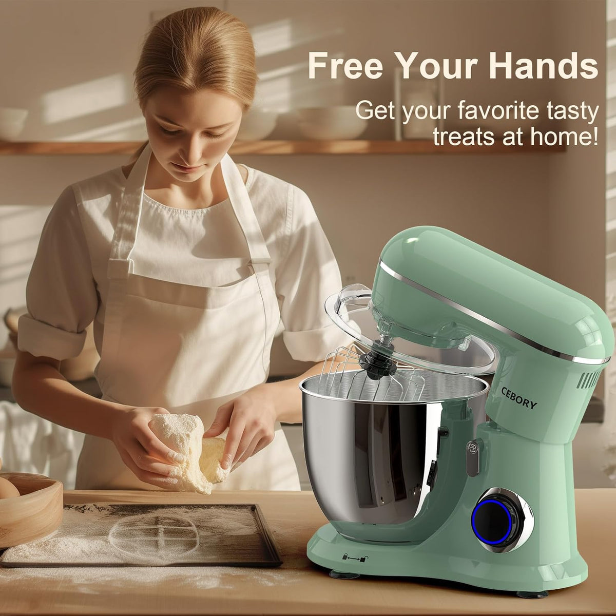3-IN-1 Electric Stand Mixer, 6.5QT Bowl 660W 10-Speed Kitchen Mixer, Household Food Mixers include Dough Hook, Beater and Whisk