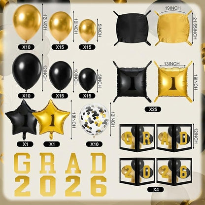 Seenelling Yellow Black 133 Pcs Graduation Decorations 2026 Set Black Gold Balloons Boxes with Letters 2026 Grad Square Foil Balloons Complete Party Supplies for High School College Celebrations