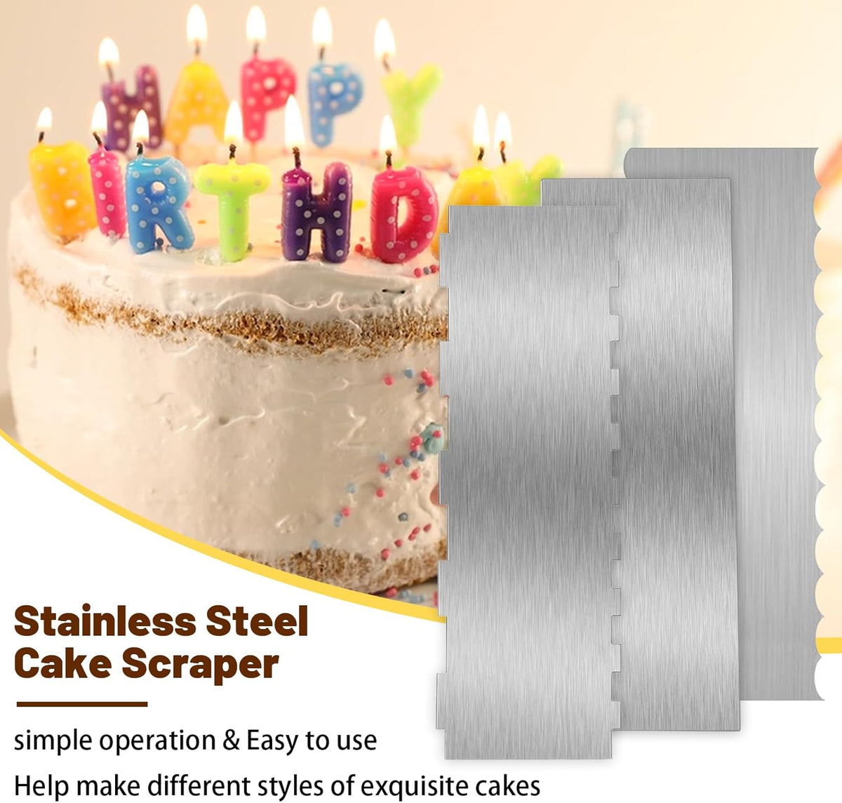 3 Pieces 8.7 Inche Stainless Steel Cake Scraper，Double Sided Patterned Edge Stripe Edge Smoother Scraper Cake Decorating，Cake Decorating Comb Cake