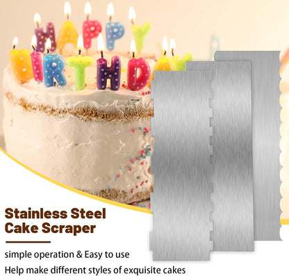 3 Pieces 8.7 Inche Stainless Steel Cake Scraper，Double Sided Patterned Edge Stripe Edge Smoother Scraper Cake Decorating，Cake Decorating Comb Cake