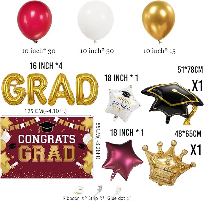 Maroon White Gold Balloon Garland Arch Kit with backdrop Stars Graduation Cap crown GRAD Letters Mylar Balloons for 2026 graduate Prom Decorations