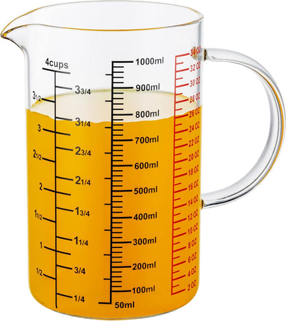 Glass Measuring Cup-[Insulated handle | V-Shaped Spout]-Made of High Borosilicate Glass Measuring Cup for Kitchen or Restaurant, Easy to Read, 1000 ML (32 Oz, 4 Cup)