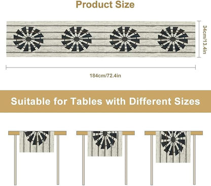 Retro Windmill Table Runner, Rustic Farmhouse Wood Grain Country Style Print Table Runner for Dinning Holiday Party Indoor Outdoor Decor, 13x120inch