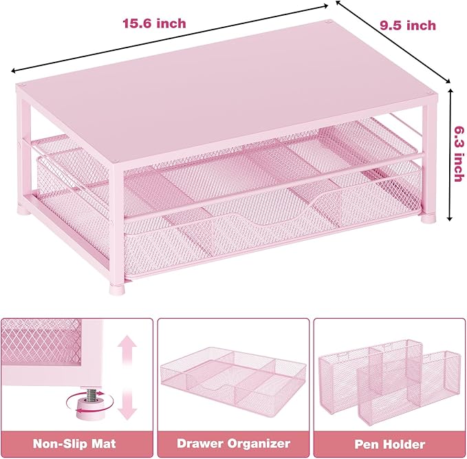 OPNICE Desk Organizers and Accessories, 2-Tier Computer Monitor Stand Riser with Drawer and 2 Pen Holders, Laptop Stand, Office Desk Accessories & Office Decor for Women, Pink