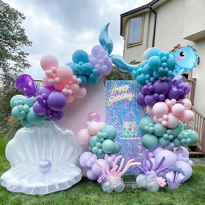 Mermaid Balloon Garland Kit, 125pcs Under The Sea Balloons Mermaid Tail Arch Party Supplies with Seahorse Octopus Ocean Animals Balloons for Birthday Party Baby Shower Decorations