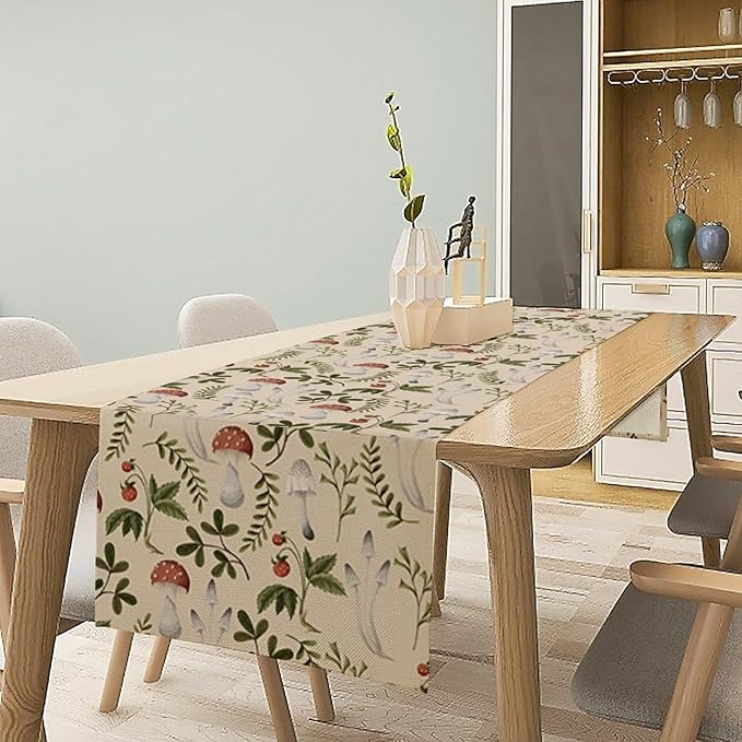 Mushroom Table Runner,Vintage Rustic Boho Botanical Plant Print Tablerunner for Home Kitchen Dining Coffee Table Indoor Outdoor Party Decor 13x108in