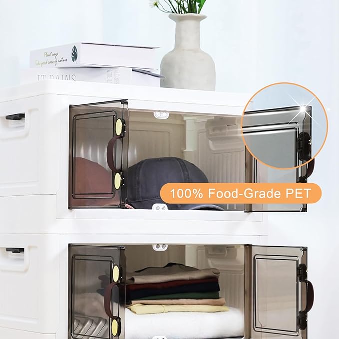MOONEDGE 35QT Plastic Stackable Storage Bins with Lids, Collapsible Organizer with Magnetic Doors & Hidden Locking Handles, Storage Cabinet for Pet, Closet, Living Room, Pantry & Office Organization