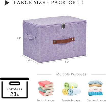 Storage Bins with Zipper Lid Cotton Linen Fabric Lidded Storage Baskets Boxes Foldable Washable Closet Shelf Clothes Organizer Container with PU Leather Handles (Purple, Large)