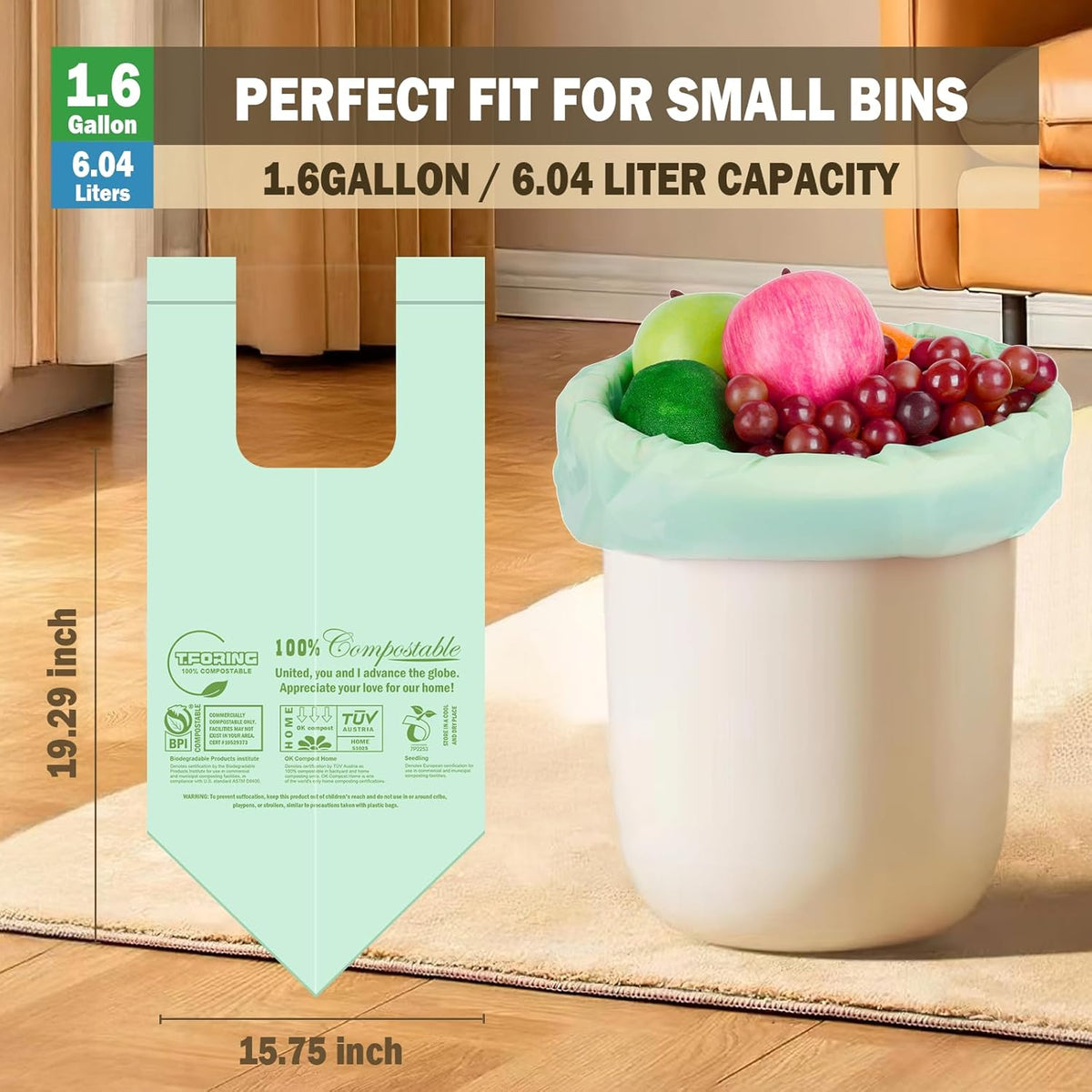 1.6 Gallon Handle Tie Compostable Food Scrap Bags For Counter Top Compost Bin, Small Compost Bags, 80 Count, 6 Liter, BPI & OK compost INDUSTRIAL Certified