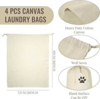 4 Pieces 28" x 36" Canvas Laundry Bags Bulk Large Cotton Laundry with Drawstring Heavy Duty Hamper Liner Washable Dirty Clothes Santa Bag for Travel Household