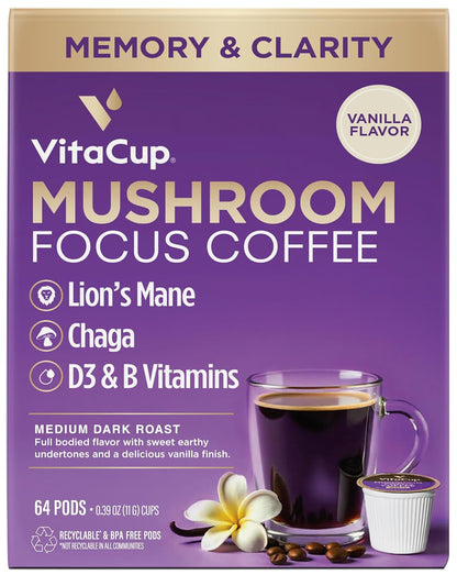 VitaCup Focus Mushroom Coffee Pods, Vanilla Flavored Coffee with Chaga, Lion’s Mane, Vitamins, Medium Dark Roast Arabica Beans, Recyclable Single Serve Pods Compatible with Keurig K-Cup Brewers, 64 Ct