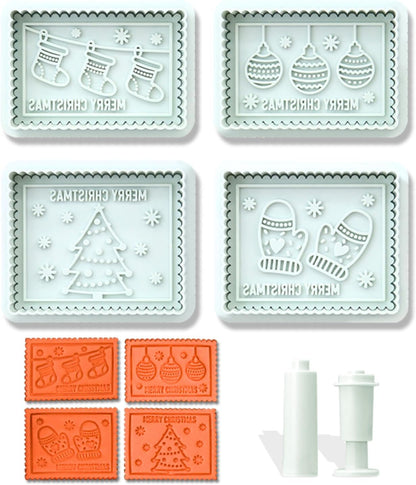 Christmas Cookie Cutters, 4-Piece 3D Merry Christmas Plastic Cookie Stamp Set, Comes with Merry Christmas in English