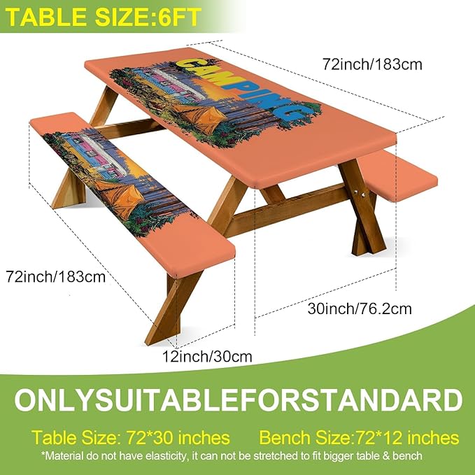 ANNA QUEEN Brand 6-Foot Camping Outdoor Picnic Table Cover, Includes Bench Cover, 3-piece Picnic Table Cover Set, 72 inches x 30 inches, Camping Outdoor Bench and Tablecloth Furniture Protection.