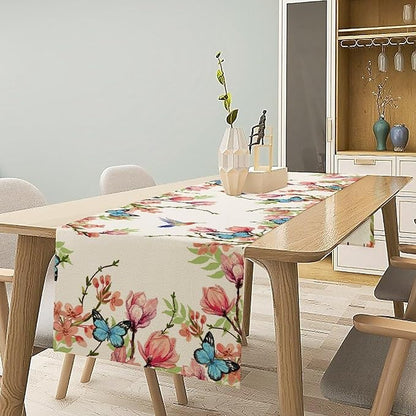 Spring Flower Table Runner, Seasonal Rustic Garden Flowers Bird Butterfly Print Table Runner for Home Kitchen Table Decor, 13x108inch