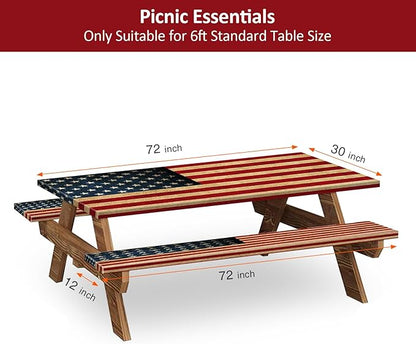 Picnic Table Cover with Bench Covers 6FT 3PCS, Camping Essentials Waterproof Windproof Tablecloth with Drawstring Bag, Fitted Rectangle Tables and Seats, 72", US Flag