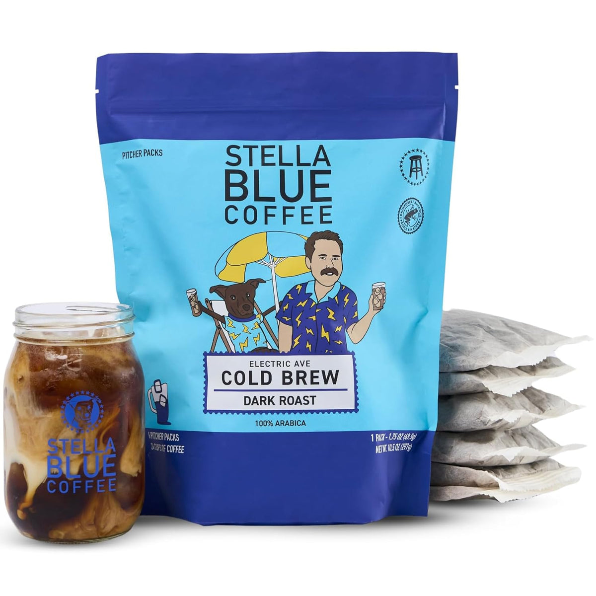 STELLA BLUE Fresh Cold Brew Coffee | Electric Avenue Blend | 100% Arabica Dark Roast | Bold Toffee and Dark Chocolate with Smoky Notes | 6 Brew Packets for Cold Brew | Makes 24 Smooth Bold Cups