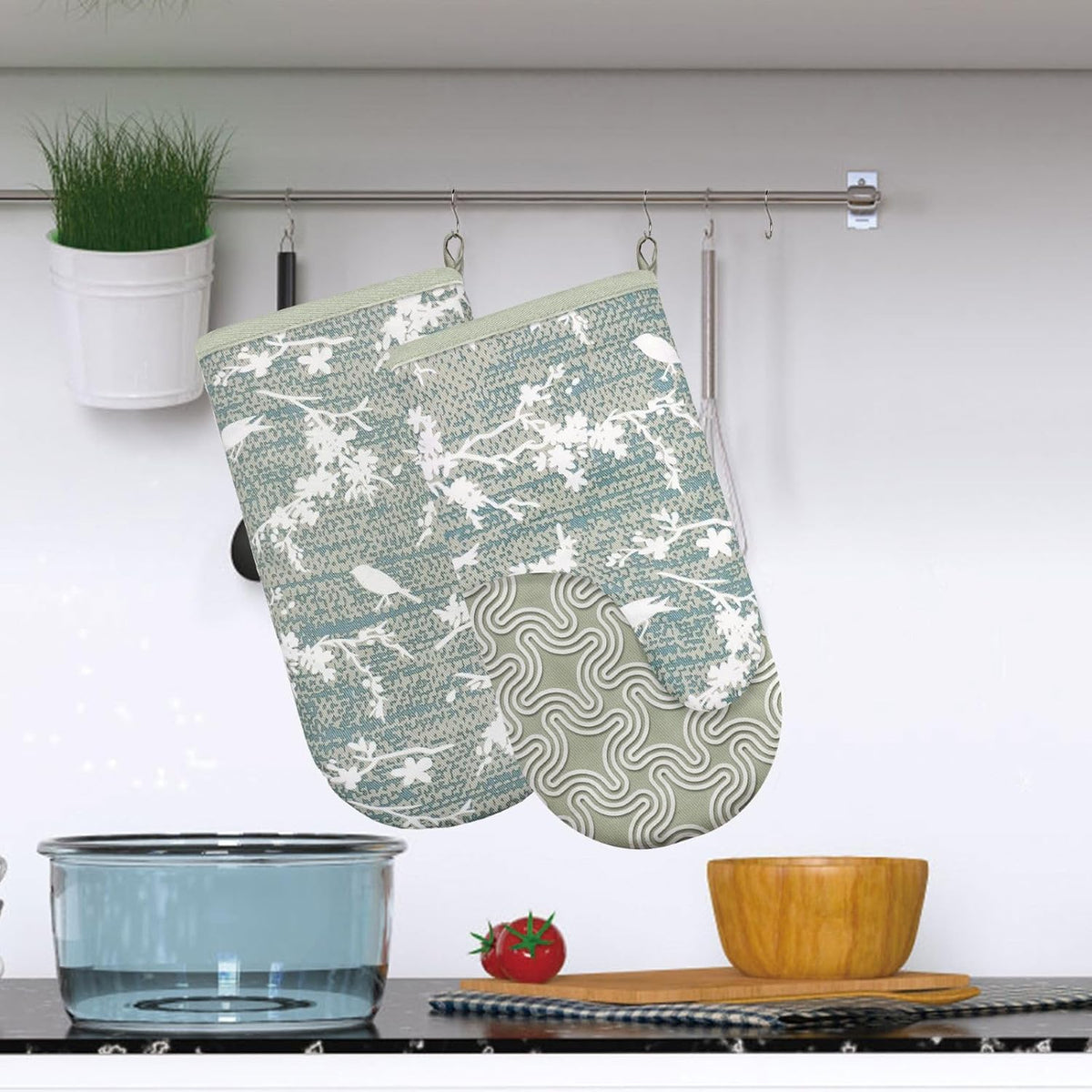 Thumb Oven Mitts, Heat and Slip Resistant Silicone Kitchen Mittens 2-Pack Set, Aqua Birds Soft Long Oven Gloves