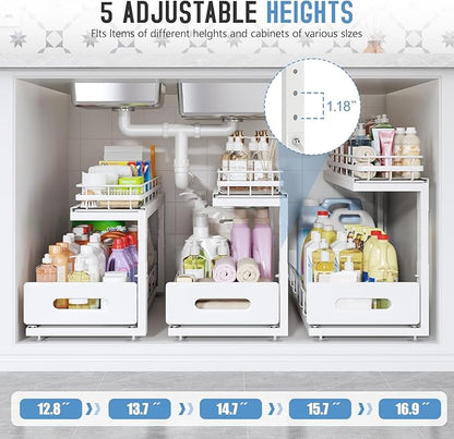 Under Sink Organizer Upgrade To Professional Rails,2-Tier Dual Pull Out Cabinet Storage,Height Adjustable Slide Out Drawers For Bathroom Kitchen,2 Pack-14.5"Dx12.8"-16.9"H,White