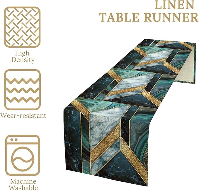 Marble Table Runner, Dark Green Gold Modern Mosaic Design Table Runner Decoration for Kitchen Family Dinner Table Holiday Party Farmhouse 13x70in