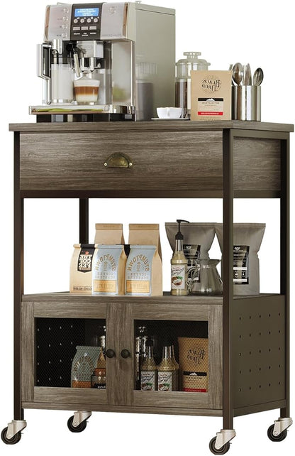 Catrimown Coffee Cart Station, Coffee Stand Station, Small Microwave Stand with Drawer, Movable Farmhouse Coffee Station Table on Wheels for Living Room, Entryway, Dining Room, Kitchen, Wash Grey