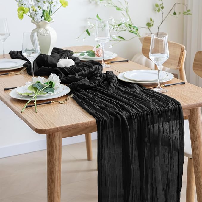 Asee'm 2pcs Cheesecloth Table Runner 120 Inches Long Black Boho Gauze Cheese Cloth Runner 10FT Rustic Sheer Table Runners for Valentine's Day Wedding Party Baby Shower Spring Easter Decoration