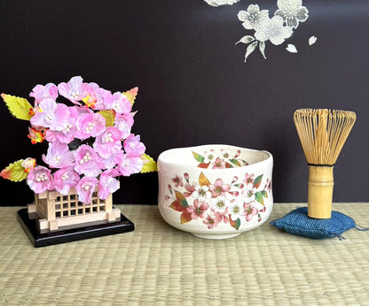 Japanese Traditional Mino Ware Handcrafted Mini Matcha Chawan Tea Bowl Cup Set With Chasen Bamboo Tea Whisk Ceremony Tableware Pottery (Kohiki Sakura)