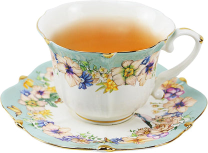 TATSUMI Country Roses Bone China Tea Cup and Saucer Set, 6 Pieces, Vintage Style, For Women and Tea Parties(Dutch Blue,2 Sets)