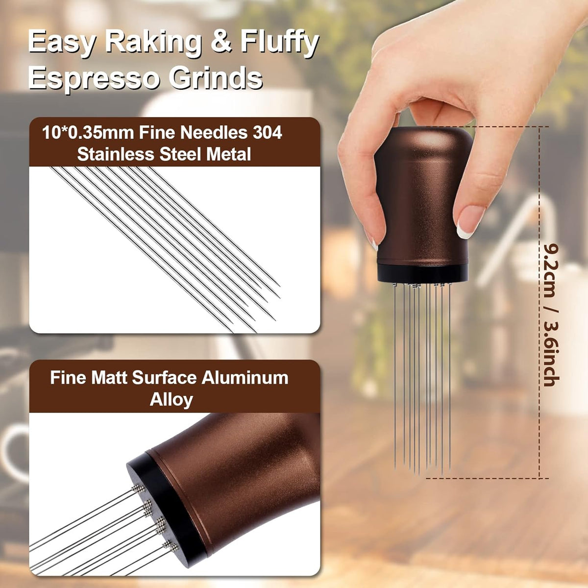 WDT tool, Espresso Distribution tools, 10 x 0.35mm 304 Stainless Steel Needles Installed with 10 Extra needles for Espresso Stirrer Replacement, Aluminum Alloy Handle with Stand (Matte Brown)