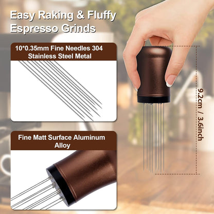 WDT tool, Espresso Distribution tools, 10 x 0.35mm 304 Stainless Steel Needles Installed with 10 Extra needles for Espresso Stirrer Replacement, Aluminum Alloy Handle with Stand (Matte Brown)