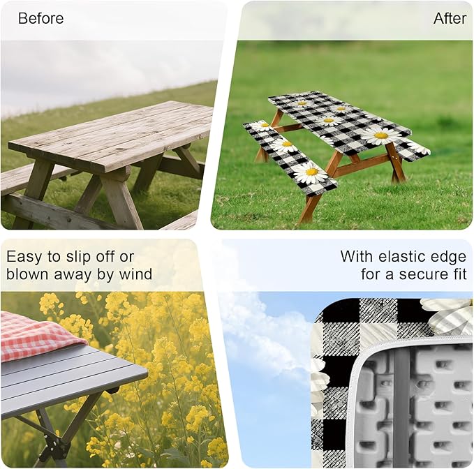 ANNA QUEEN 6FT Chrysanthemums Spring Picnic Table Cover with Bench Covers Picnic Table Cover Set 3PCS 72"x30", Waterproof Outdoor Bench and Tablecloth Furniture Protection for Camping Beach BBQ