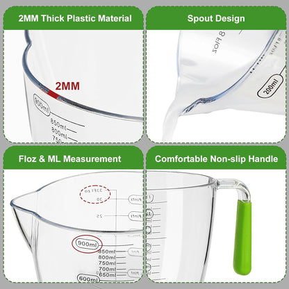 Plastic Measuring Cups Set, 3Pcs BPA Free Stackable Clear Measuring Cup with Spout and Angled Grip Handle, Includes 1 Pint, Oz, ML Measurement for Kitchen Cooking