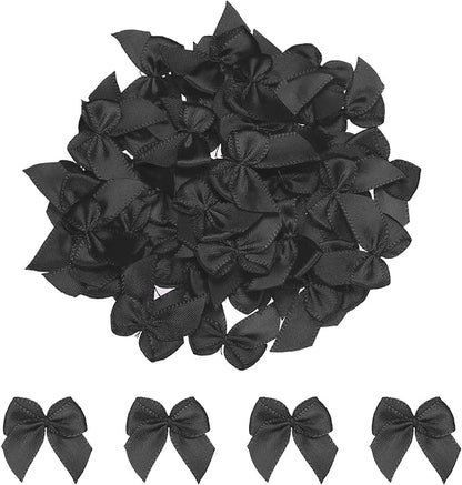 MECCANIXITY 50Pcs Mini Ribbon Bow 1" Mini Fabric Satin Ribbon Flower Bows for Craft DIY Sewing Wedding Birthday Party Black