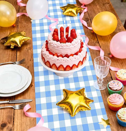 3 Pcs Light Blue and White Checkered Table Runner Plastic 14 x 108 Disposable Baby Blue Gingham Table Runner for Birthday Wedding Baby Shower Party Table Centerpiece Decorations