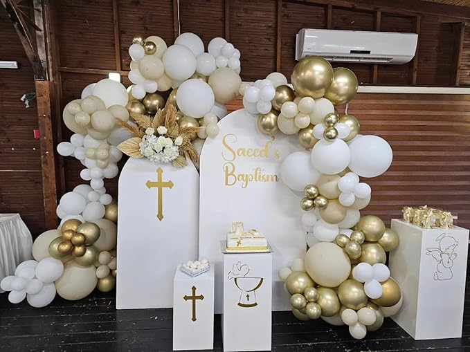 First Communion Balloon Garland Kit 153Pcs, Baptism Balloon, White Sand Gold Nude Bautizo Balloons Arch Kit for First Holy Communion Baptism God Bless Christening Party Birthday Supplies