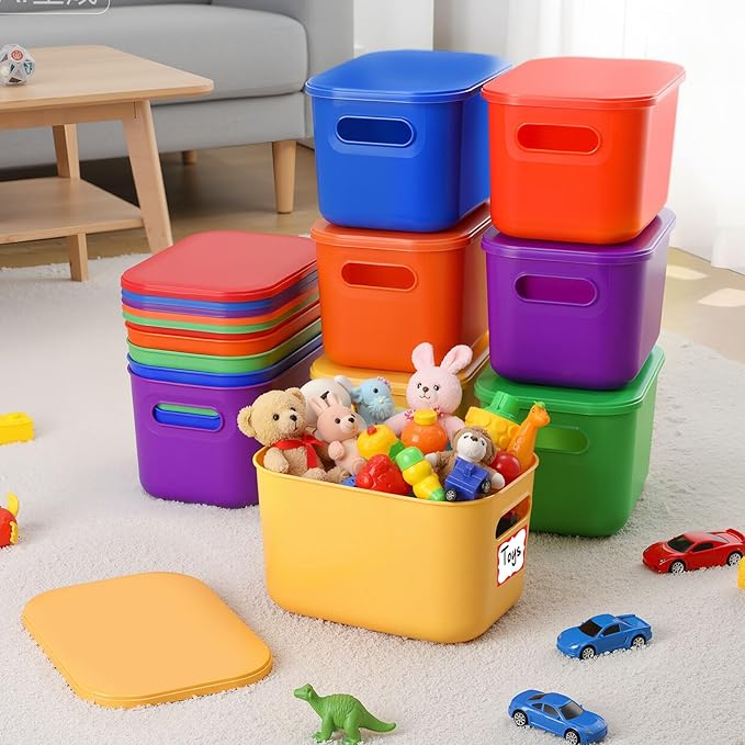 Thyle 12 Pack Vibrant Colorful Plastic Storage Bins with Lids 7 Quart Toy Storage Box Stackable Nestable Organizer Boxes with Handle and Labels for Classroom Shelf Bedroom Desktop Toys School Supplies