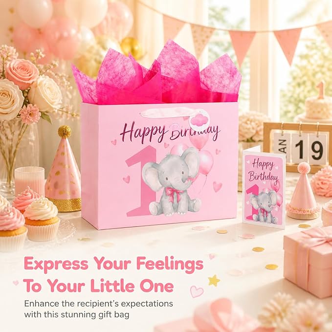 Powbrace 13" Pink Happy Birthday Gift Bag with Tissue Paper and Greeting Card for Party,Happy Birthday Gift Bag for Girls Babies,Gift Bags Medium size(1 PCS Pink Cartoon)