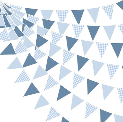 32Ft Dusty Blue Party Decorations Retro Blue Gingham Triangle Banner Flag Pennant Fabric Garland Streamers for Nautical Wedding Birthday Ahoy Achor Bridal Baby Shower Under The Sea Decor Supplies