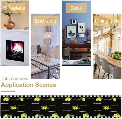 Lemon Table Runner,White Black Buffalo Plaid Watercolor Summer Fruit Print Table Runner for Kitchen Dining Table Indoor Outdoor Home Party Decor 13x70in