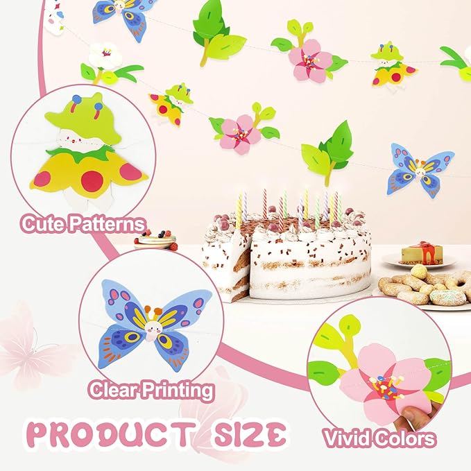 2PCS Flower Butterfly Banner, Floral Butterflies Party Decorations, Reusable Paper Fairy Wildflower Garland for Birthday Baby Shower Wedding Backdrop Tea Party Supplies Home Decor